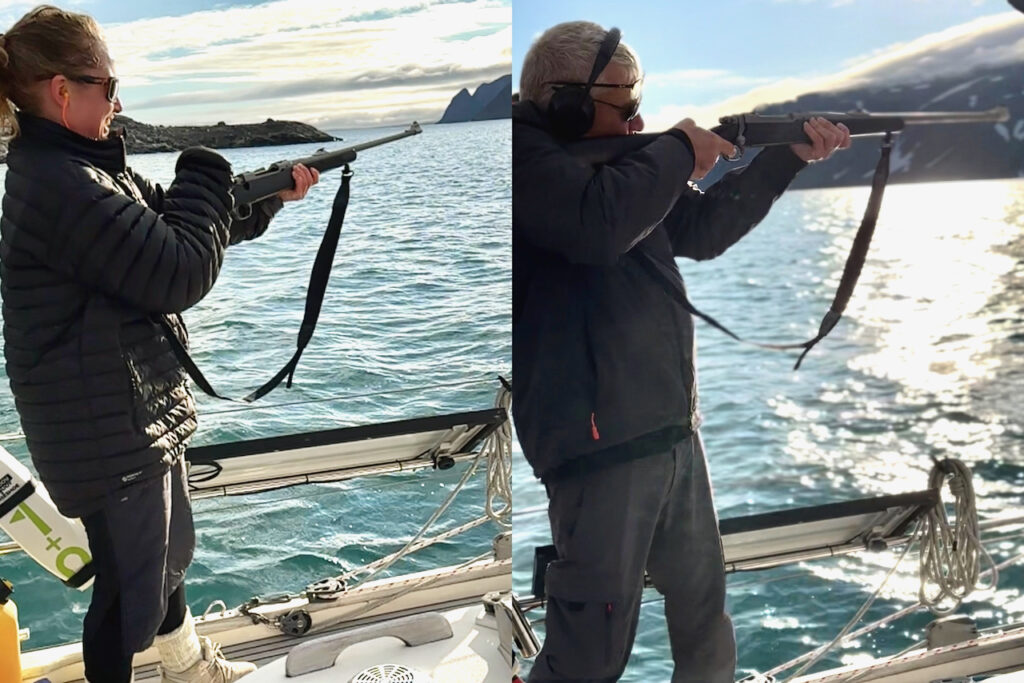 Sarah and Steve trying the gun