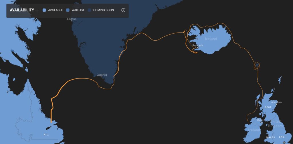 starlink availability map for viking route crossing