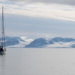 Snow bear anchored with mountains in the background