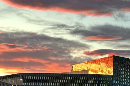 Sunsetting reflection in the harpa building